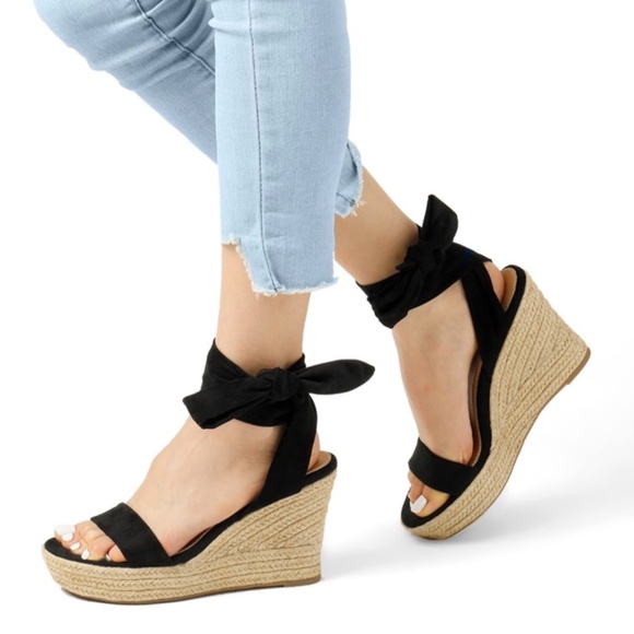 Black Espadrilles Ankle ribbon Tie Lace Up Platform Wedges sz 7 high heel shoes - Picture 3 of 13